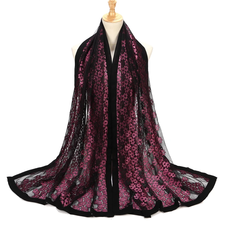 

New Hollow Lace Muslim Hijab Scarf Women Flower Luxury Scarf African Style Hijabs Black Bubble Chiffon For Beach Shawls