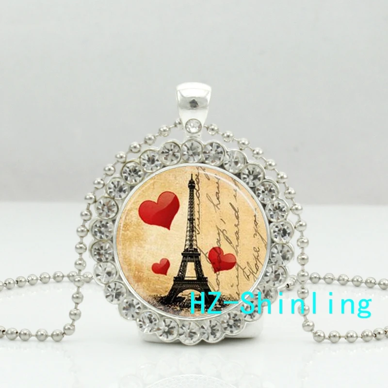 

--00162 New Promotion Eiffel Tower Necklace Paris Love France Travel Crystal Pendant Glass Photo Jewelry Ball Chains Necklaces