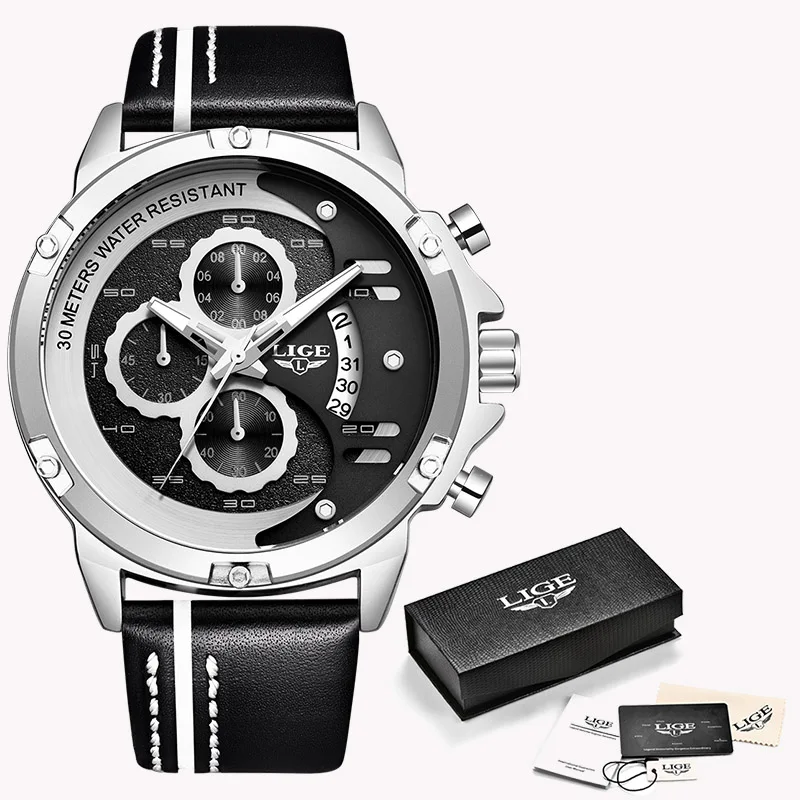 Мужские часы LIGE Топ Бренд роскошные мужские военные спортивные часы мужские повседневные кожаные водонепроницаемые кварцевые часы Relogio Masculino - Цвет: Silver black