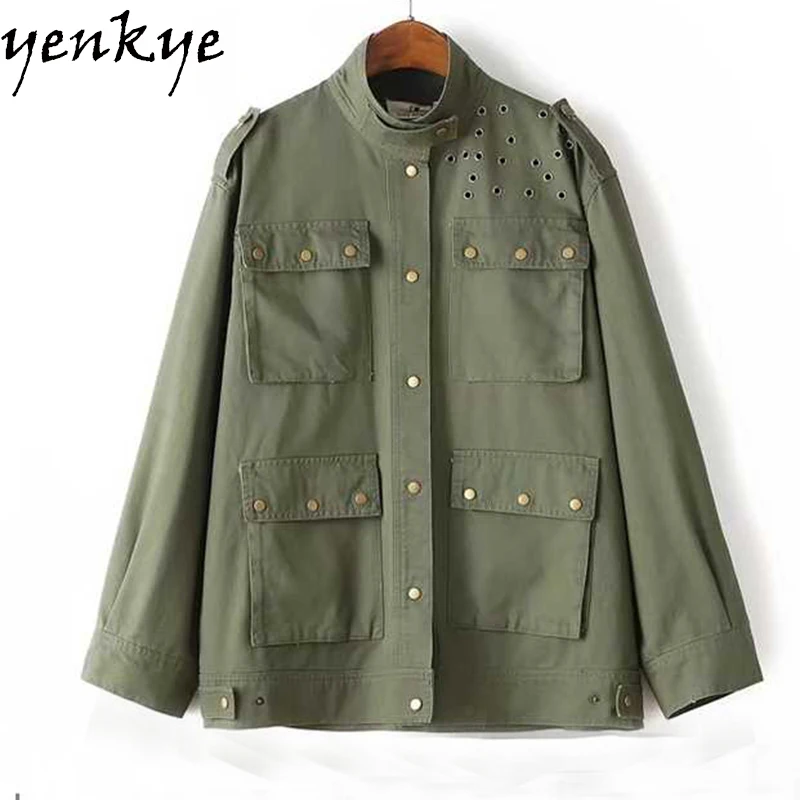 2017 Rivet Army Green Jacket Women Stand Collar Long Sleeve Pockets