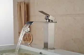 

Bathroom Basin Faucets Nickel Brush Waterfall Spout Deck Mounted Single Handle Faucet Hot Cold Water Mixer Taps