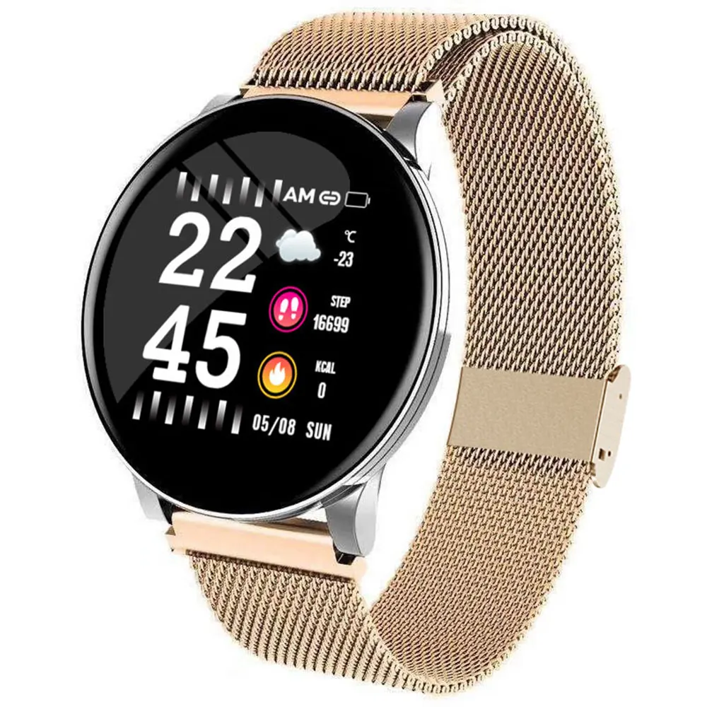 Alloy Smart Watch Men Women Heart Rate Monitor Fitness Tracker Smartwatch Waterproof Bluetooth Sport Watches For Android IOS - Цвет: W8 Gold steel