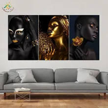 Золотая черная женщина настенное искусство HD Художественная печать на холсте Картина модульная картина и Плакат Картина на холсте, украшение дома 3 штуки