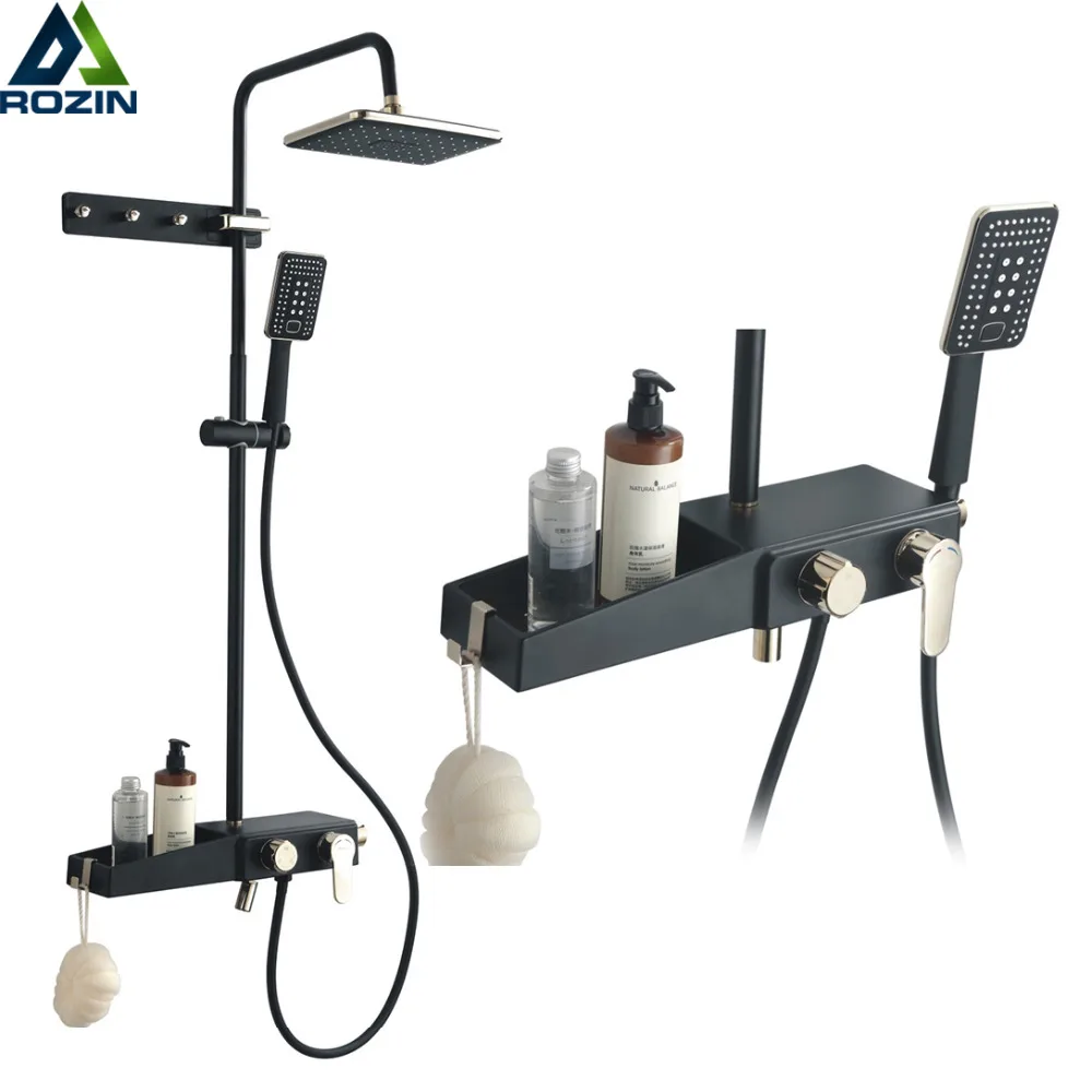 

Bathroom Shelf Shower Faucet Set Wall Mount Black Rainfall Bath shower Mixers Removable Spout multifunction Handshower