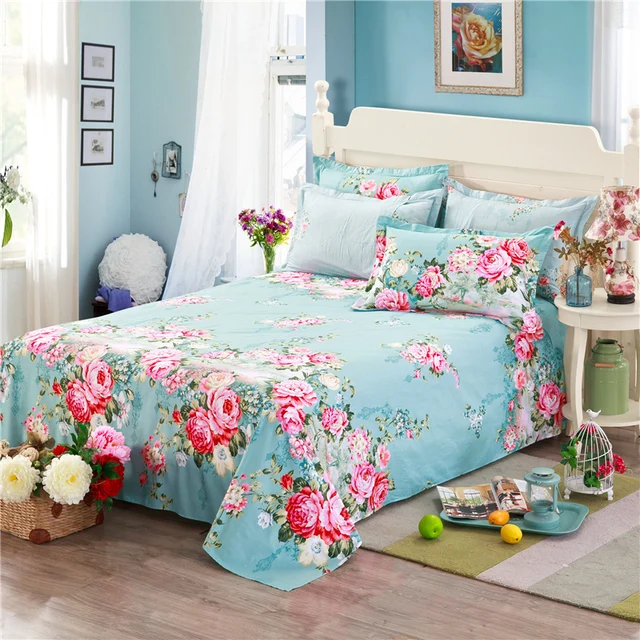 100 cotton blue bed sheets pink printing flowers new fashion bed sheets