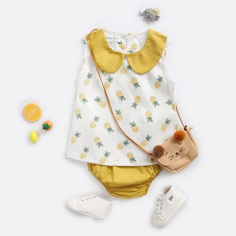 

Cukoe Newborn Toddler Baby Girls Summer Lovely Clothes Sets Sleeveless Pineapple Print Vest Tops Solid Shorts 2PCS 0-3T
