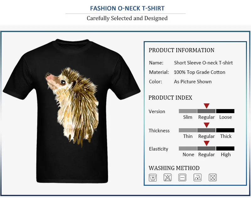 Adult T Shirt Crazy Normal Short Sleeve Summer Fall Tops T Shirt Plain Round Collar 100% Cotton Tee-Shirt Watercolor Little Hedgehog
