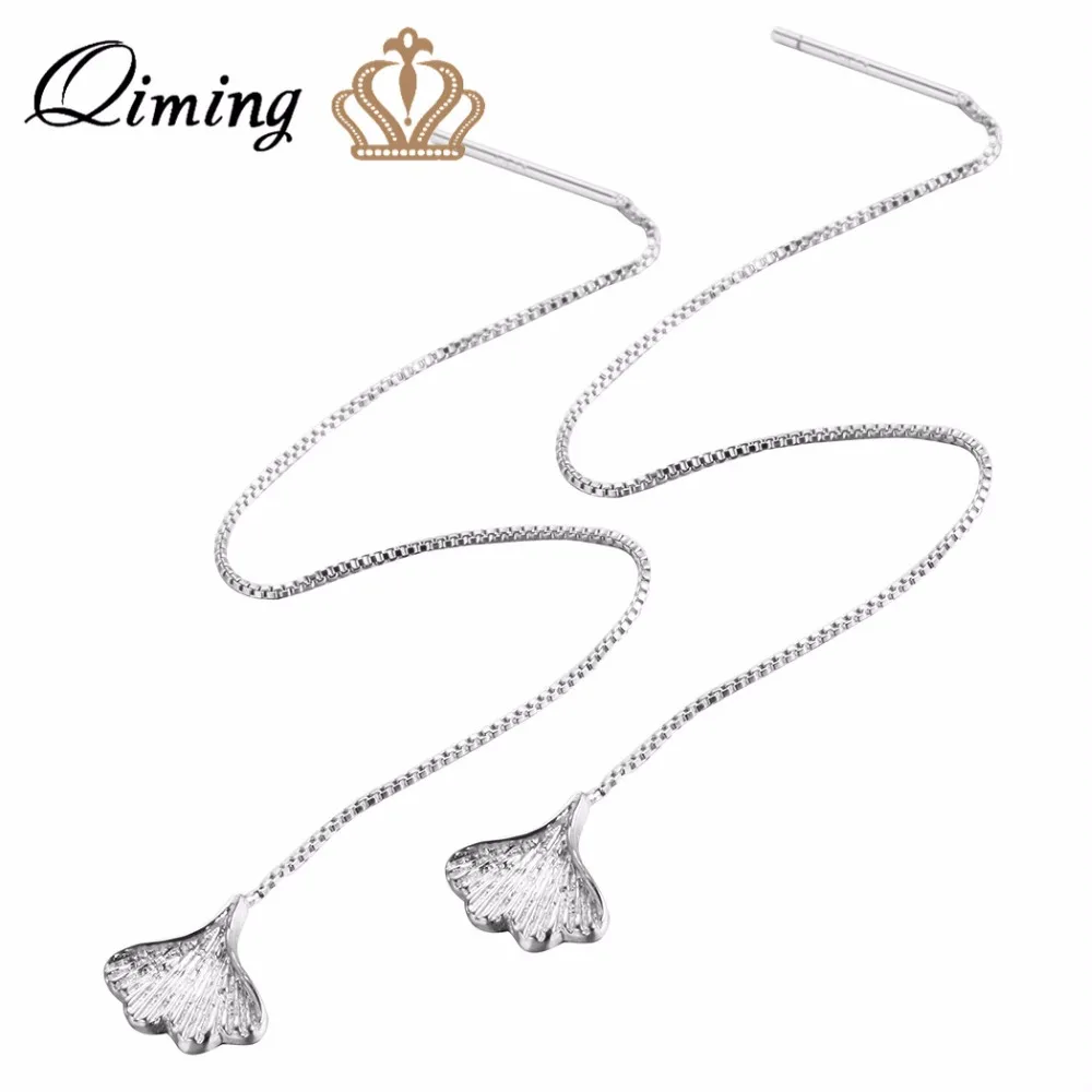 

QIMING Ginkgo Biloba Long Earrings 2019 New Design Small Silver Drop Earrings For Women Long Chain Jewelry