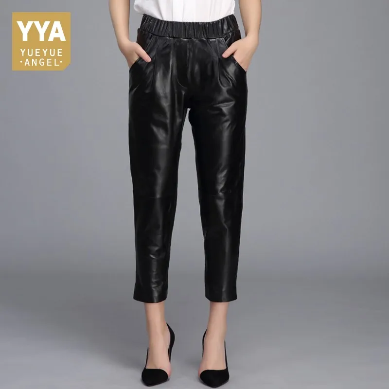 Высокое качество 2019 Новые прямые женские брюки из натуральной кожи Повседневное уличная женские брюки карандаш середины талии брюки