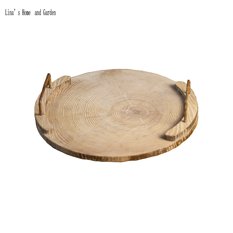 simple design semi-handmade nature finish wood tray with metal handle (2)