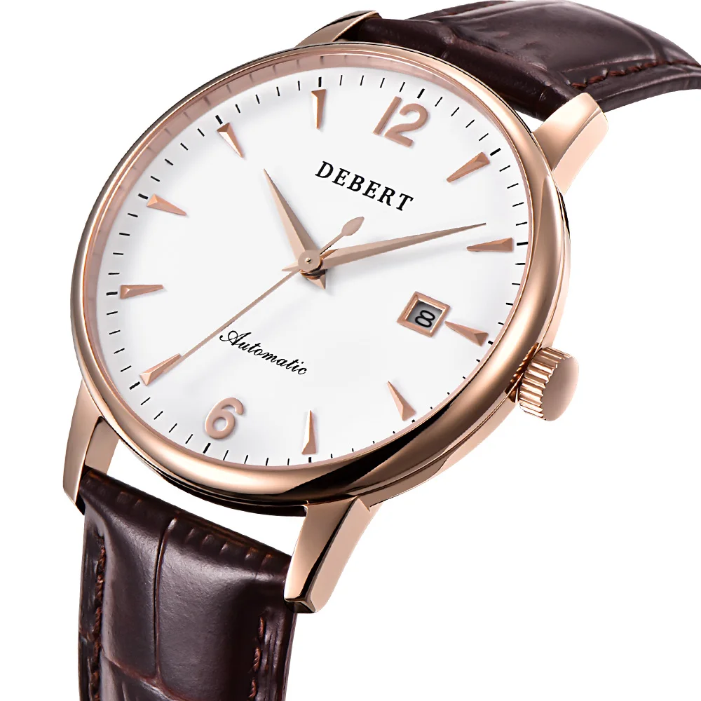 40mm Debert White Dial Sapphire Glass Rose Case Genuine Leather Strap Japan MIYOTA 8215 Automatic men watch