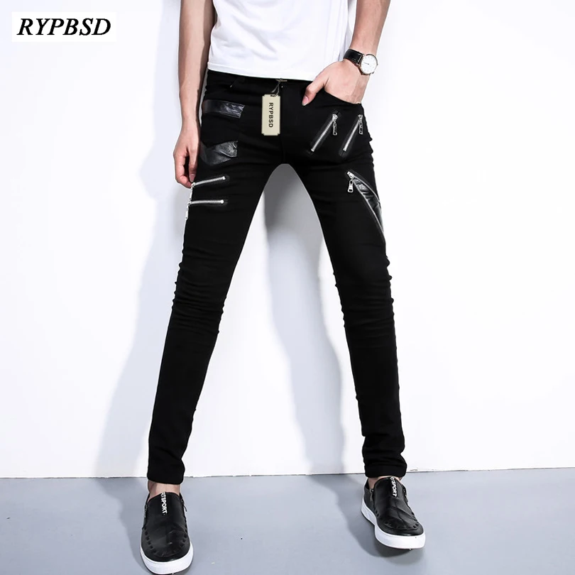 

2019 Spring Autumn Fashion Zipper Design Leather Patchwork Pants Men Hip Hop Sportswear Pants Slim Fit White Skinny Trousers Men