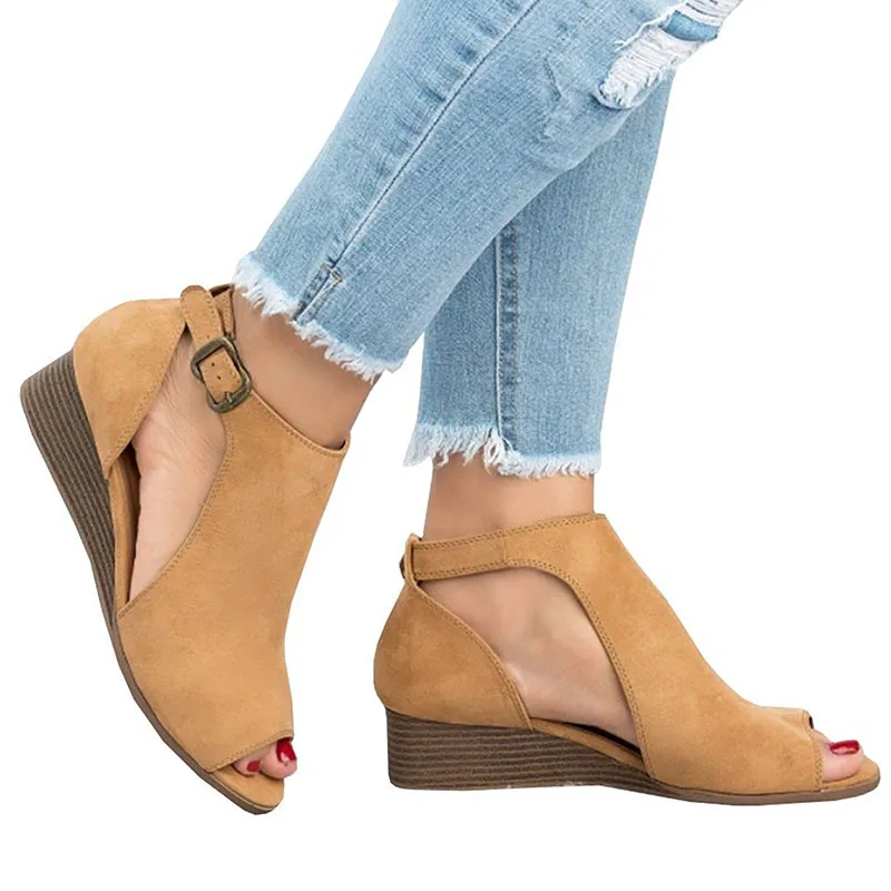 Летние Босоножки с открытым носком, повседневная обувь женские сандалии Med каблук; женские туфли-лодочки; zapatos mujer; женская обувь на танкетке женские босоножки - Цвет: Коричневый