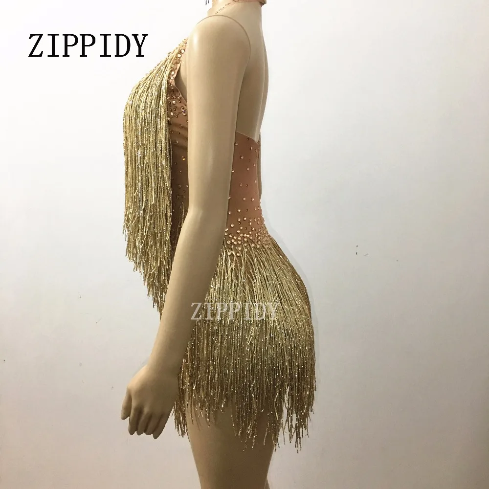 Sparkly Gold Rhinestones Tassel Bodysuit One Piece Leotard Dance Wear Women's Celebrate Female Singer Crystals Costume Outfit Sparkly Gold Rhinestones Tassel Bodysuit One Piece Leotard Dance Wear Women's Celebrate Female Singer Crystals Costume Outfit