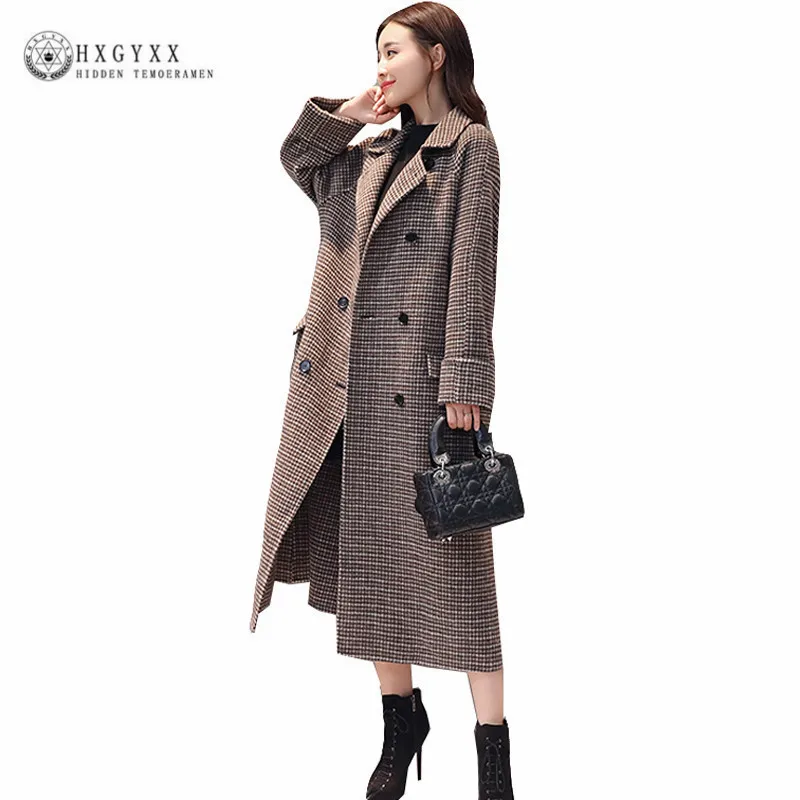 

Houndstooth Wool Coat Women Long Woolen Overcoat Elegant Winter Casaco Feminino Double Breasted Cashmere Jackets 2019 OKD306
