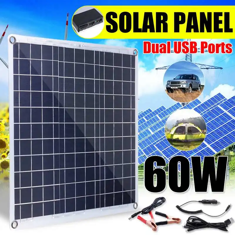 

CLAITE 60W Dual USB Solar Panel Solar Cell Cell Module DC for Car Yacht Led Light RV 12V Battery Boat Outdoor Charger 49x47cm