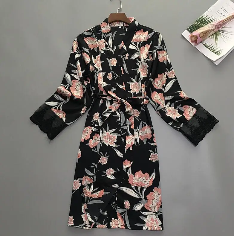 Женское шелковое ночное белье, Атласный халат, кимоно, домашнее платье, цветочный халат, винтажная сексуальная одежда для сна, Элегантная ночная одежда для женщин - Цвет: Черный