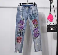 デニムジーンズ女性 Pineap 花カラフルなパッチワークエレガントなファッショントレンドジーンズボーイフレンドスリムリッピングスリムパンツヴィンテージパンツ