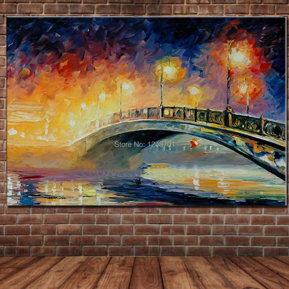 Hand Painted Abstract Palette Knife Impasto Bridge Night Lamp Landscape