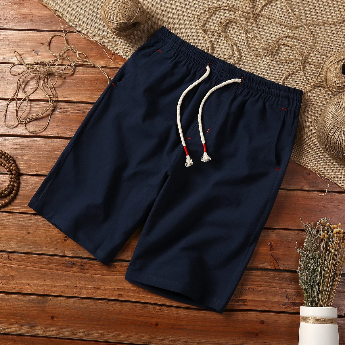 Navy Blue Новая летняя одежда большой код хлопок и лен мужские шорты их чистого хлопка мужские 8 цветов тянущиеся веревки талии эластичные усиленные шорты - Цвет: Navy Blue