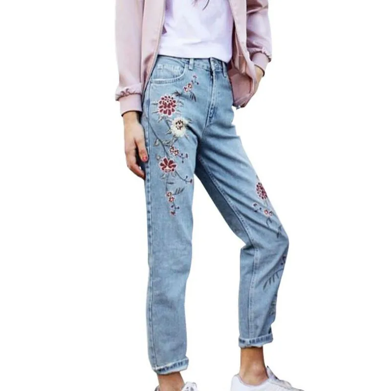 

Women Casual Flower Embroidery Jeans Female Light Blue Pants Capris Autumn Winter Pockets Straight Long Jeans Bottom
