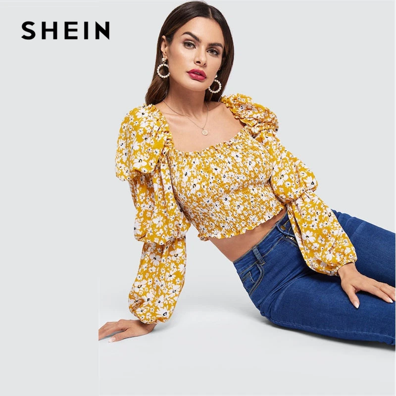 

SHEIN Ginger Elasticized Puff Sleeve Smocked Ditsy Crop Top Blouse Square Neck Slim Fit Women Long Sleeve Tops And Blouses