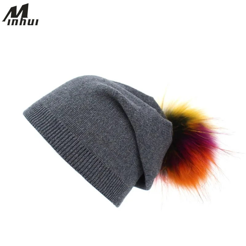 

Minhui 2017 New Winter Hats Women Girls Beanies Real Fur Pompom Hat Gorro Skullies Female Cap