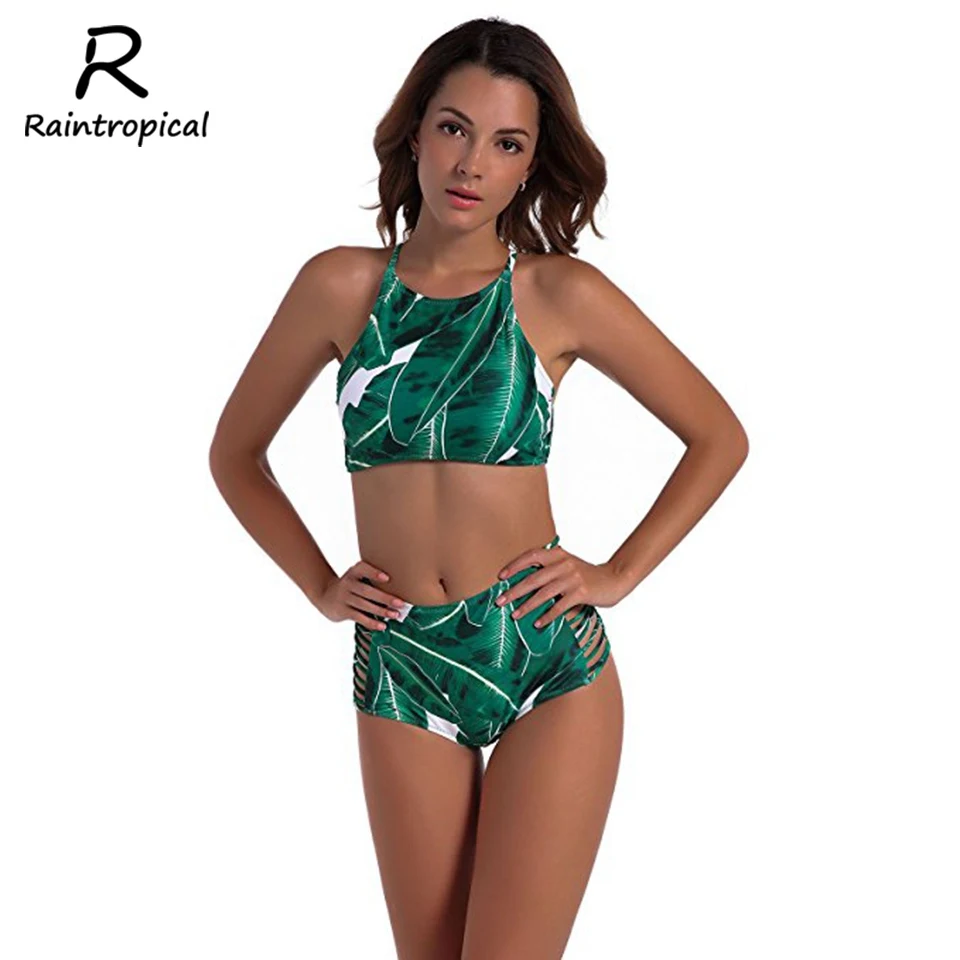 

Raintropical 2019 Bikini Sexy High Neck Halter Crop Women Swimsuit Bandage Swimwear Print Bikini Set Bathing Suit SwimWear