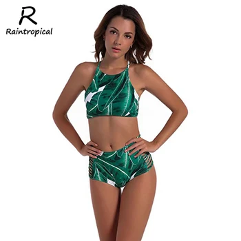 

Raintropical 2019 Bikini Sexy High Neck Halter Crop Women Swimsuit Bandage Swimwear Print Bikini Set Bathing Suit SwimWear