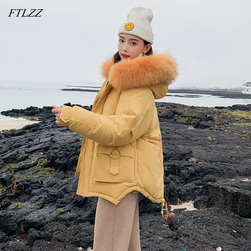FTLZZ новая зимняя куртка женская парка из искусственного меха с капюшоном пальто женская теплая зимняя куртка с длинным рукавом хлопок пальто Топы