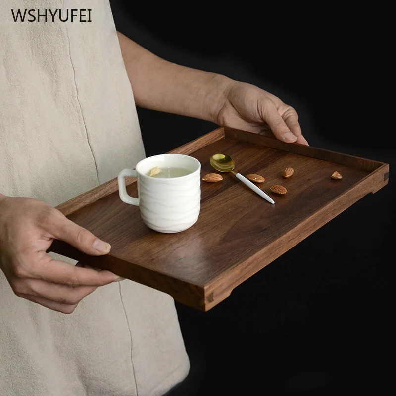 

Direct selling high-end black walnut wood handmade carving rectangular tea tray cake sushi tea ceremony storage decorative tray