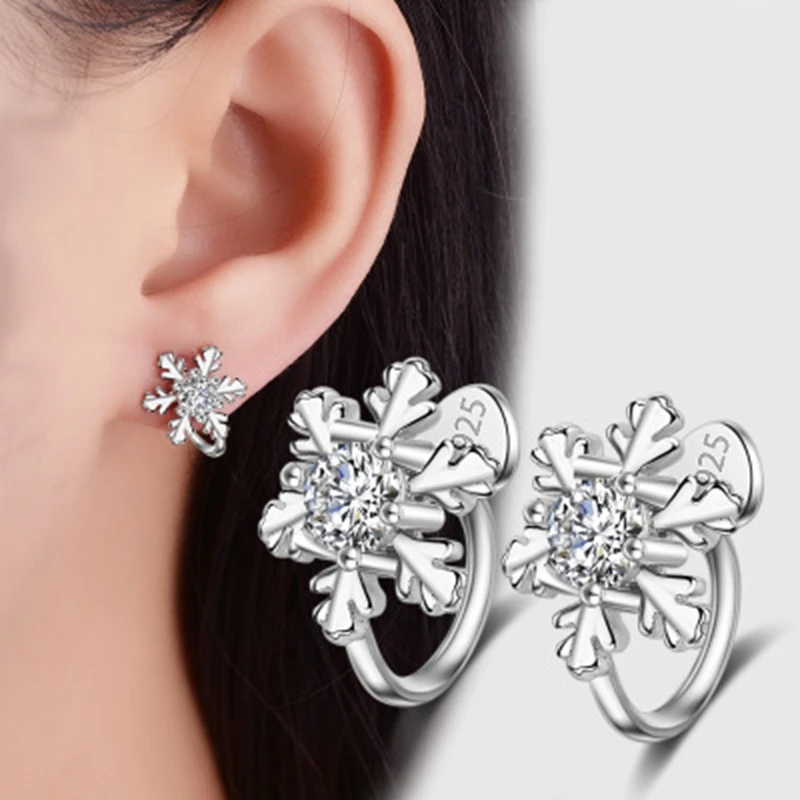 

New Fashion Silver Plated Stud Earrings Shiny AAA CZ Crystal Women Jewelry Winter Classic Christmas Gift Snowflake Cute Earrings