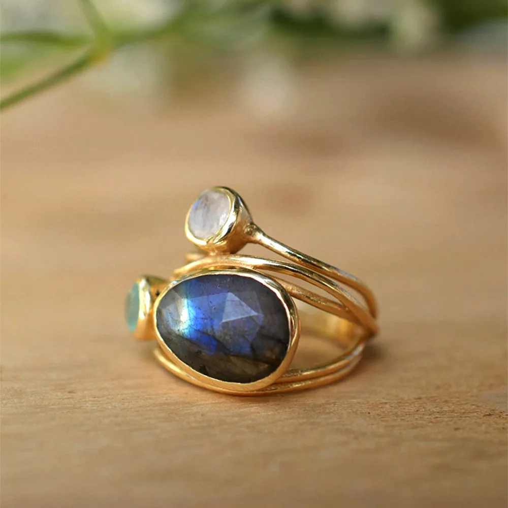 

Colorful moonstone rings, gold plating inlaid shell rings creative multi-layer simulation shell rings