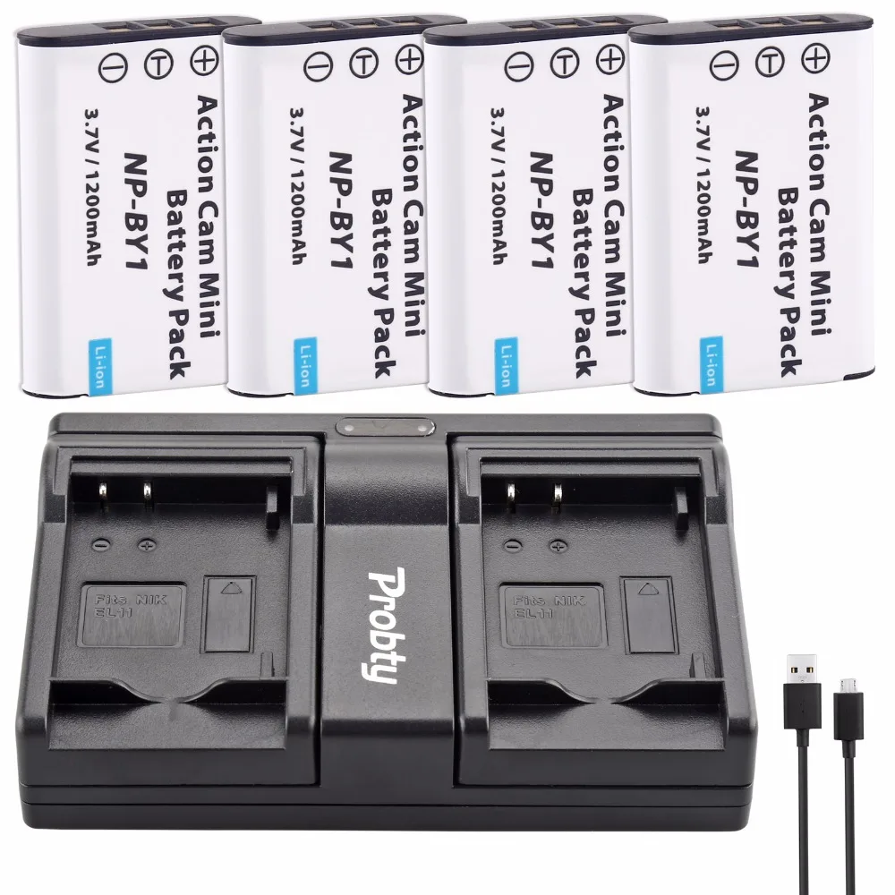 

4Pcs Probty NP-BY1 NP BY1 NPBY1 Battery + USB Dual Charger For Sony HDR-AZ1VR AZ1 AZ1V AZ1VR Sport Action Cam Mini Camcorder
