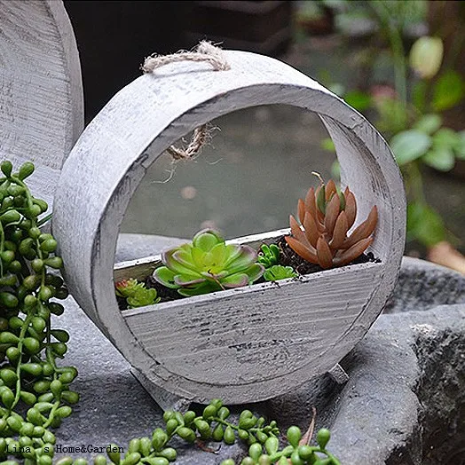 Rope Handle Shabby Chic Gray Fir Wood Round Hanging Planter