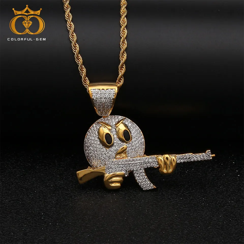 

colorful.gem Hip hop Jewelry Iced Emoji Face Character With Gun Necklace & Pendant Chain Charm Gold Silver Cubic Zircon Men's