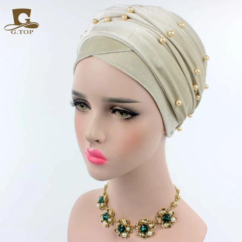 Новая роскошная женская бархатная головная повязка в виде чалмы, украшенная бусинами, с жемчужинами, удлиненная бархатная тюрбан хиджаб платок на голову