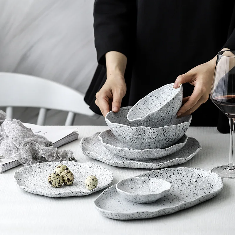 

Stone Dinnerware Dinner Plates and Bowls Set Stoneware Rice Soup Salad Ramen Noodle Bowl Fish Plate loza Ceramic Crockery louça