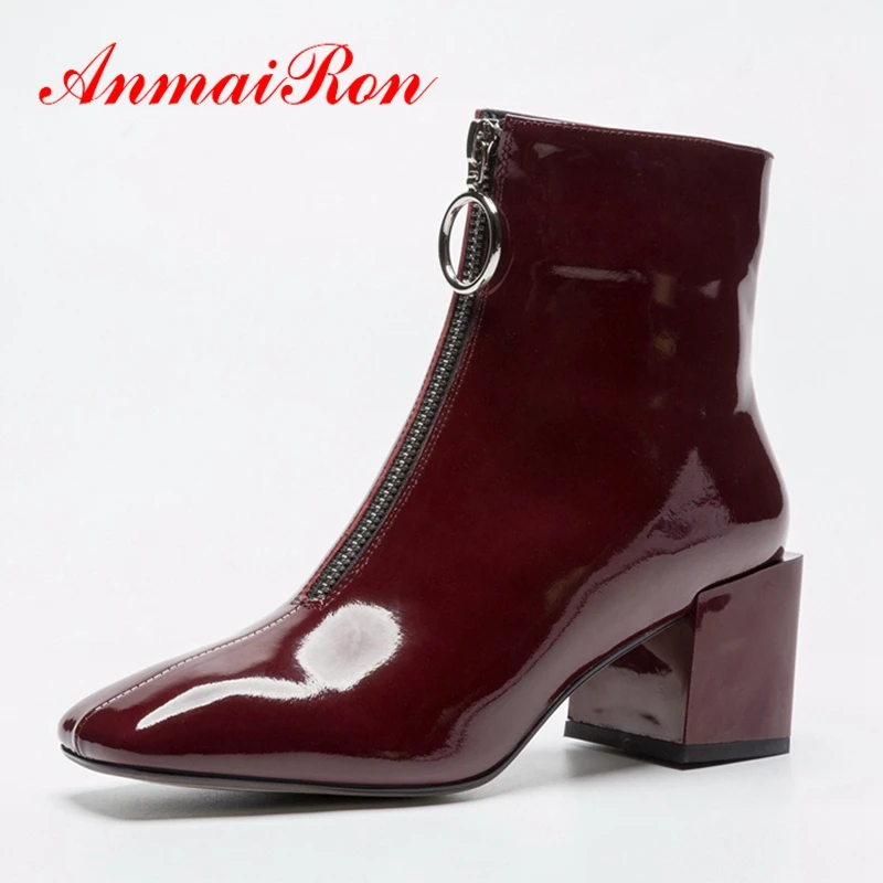 

AnmaiRon women solid square toe front zipper ankle boots lady fashion square heel botas mujer Big size 34-40 ZYL1324