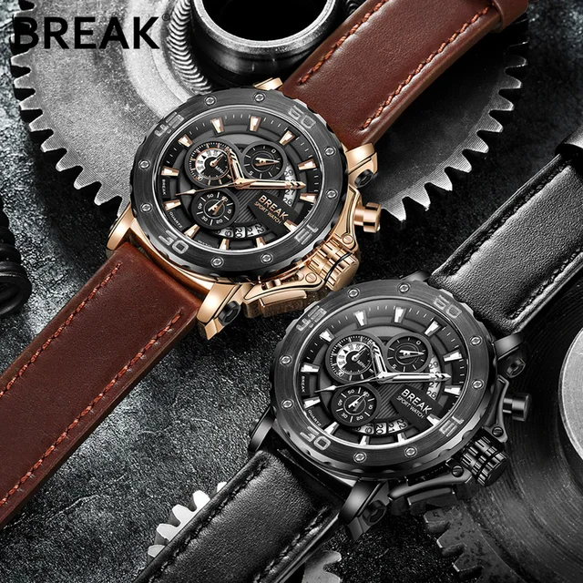 BREAK Top Luxury Brand Fashion Casual Watch Men Chronograph Quartz Military Genuine Leather Relogio Masculino Sport Wrist Watch 3