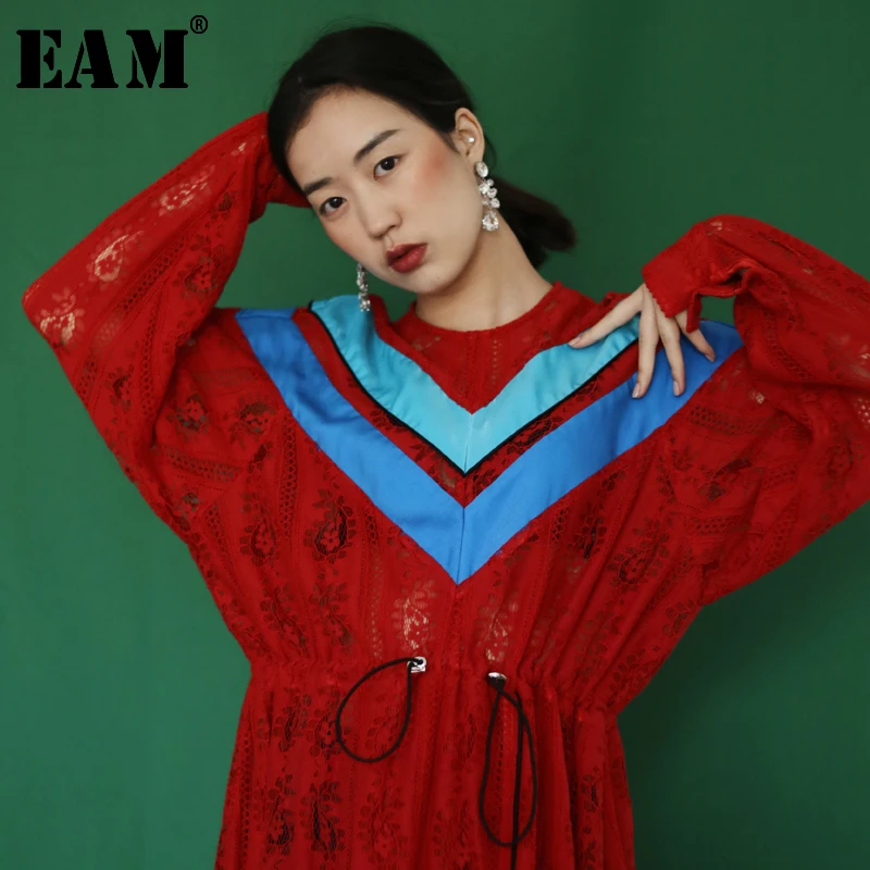 

[EAM] 2019 New Autumn Winter Round Neck Long Sleeve Striped Big Size Lace Hollow Out Drawstring Dress Women Fashion JL574