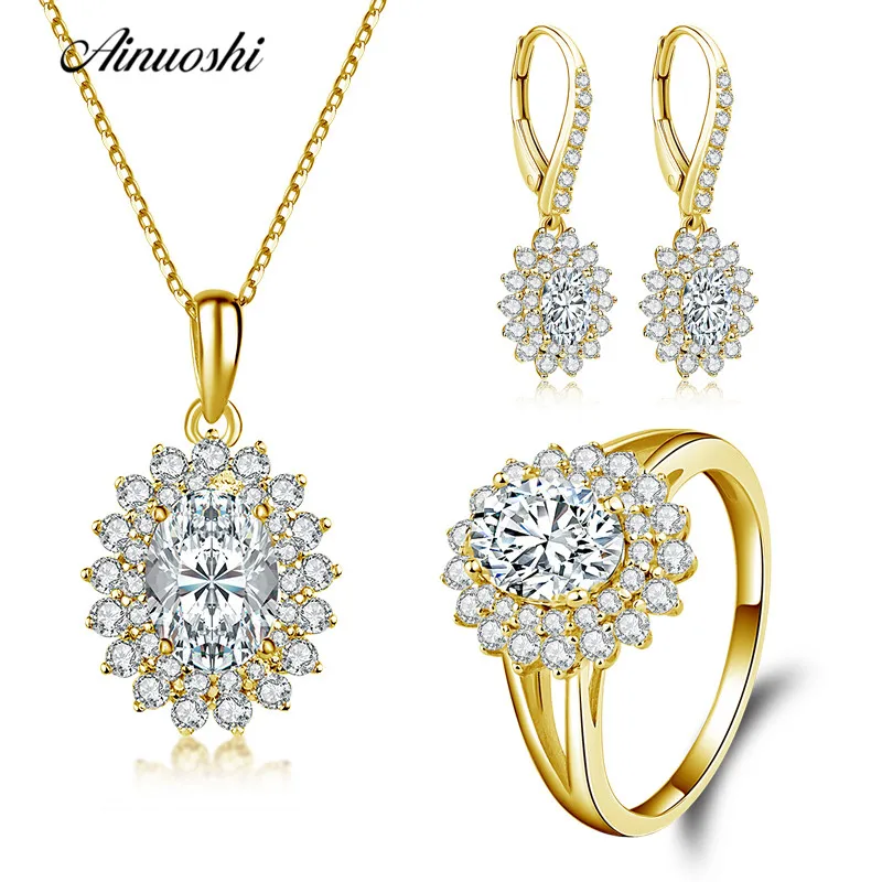 

AINUOSHI 10K Solid Yellow Gold Jewelry Set Oval Cut Separate Pendant Halo Ring Drop Earring Luxurious Wedding Women Jewelry Set