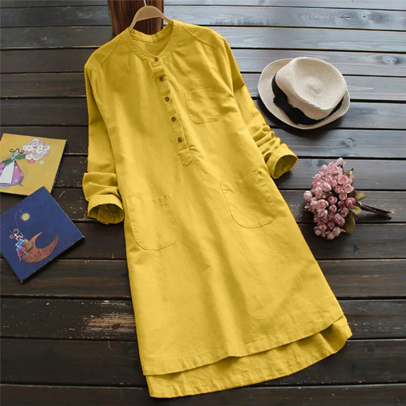  Women Summer Retro Long Sleeve Fashion Casual Shirt Dress Loose Button Tops Blouse Brief Daily Mini Shirt Dress#4M09 (12)