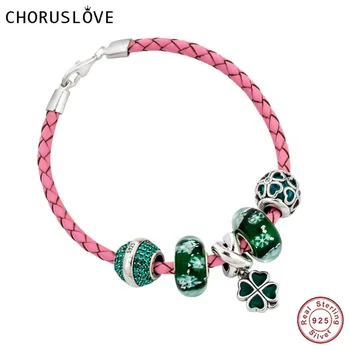 

Choruslove Pink Braided Leather Lucky Bracelet with Four Leaf Clover Green Charms Beads for Birthday Gifts SJ2007