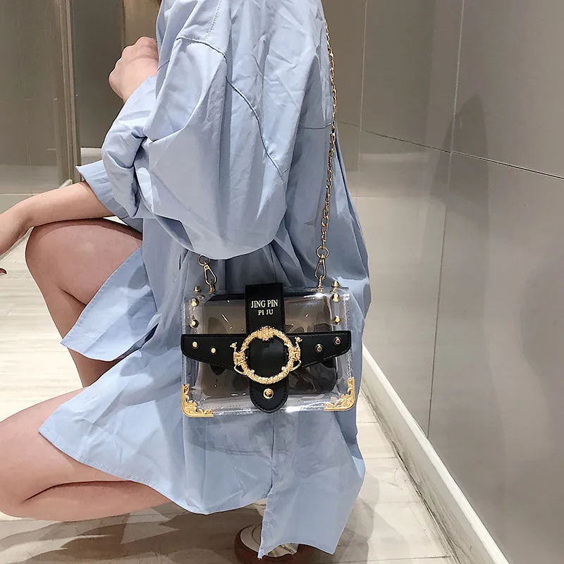 

Mini Crossbody Jelly Bags for Women 2019 New Summer PVC Monkey Ring Chain Belt Rivet Shoulder Flap Bag Female Hnadbags Purse