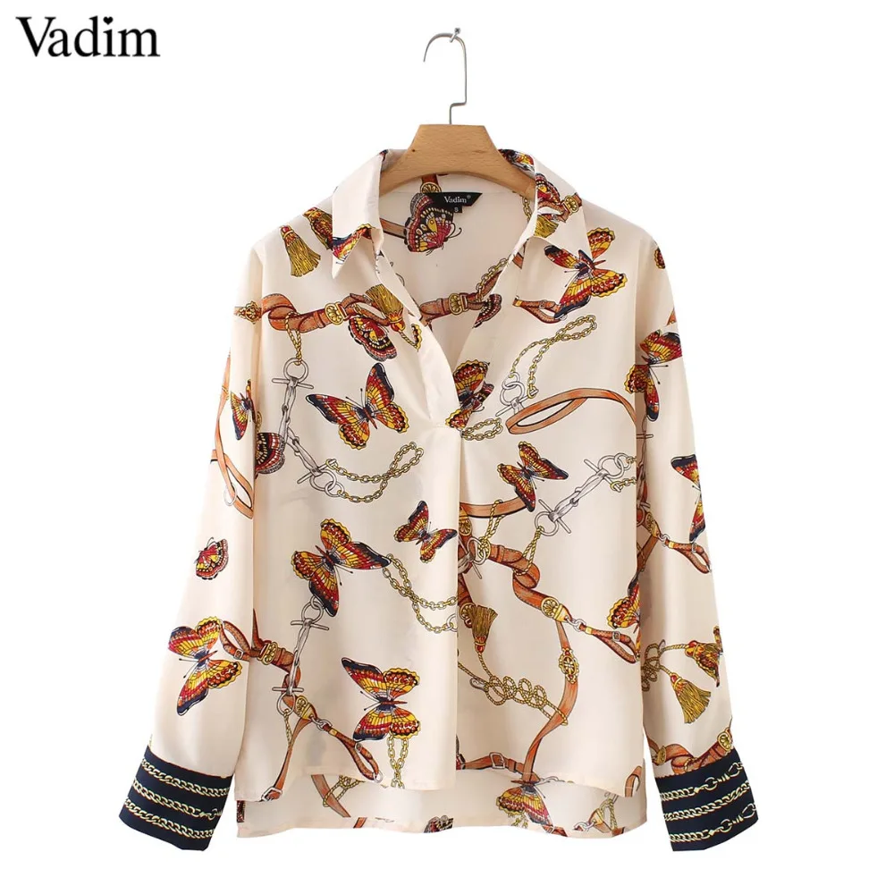 Vadim женские стильные цепи бабочка печати блузки с длинным рукавом Плиссированные Рубашки Модные женские повседневные шикарные топы blusas LA357
