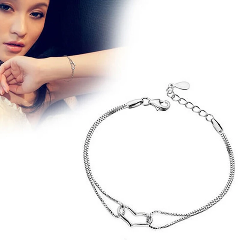 Girl Silver Heart Love Bracelet 1Pcs Silver Chain Women Jewelry Gift For Lady Women