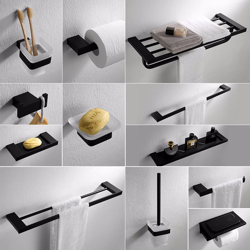 Billig Badezimmer Zubehör Set Handtuch Rack Ecke Regal Papier Halter, Wc Pinsel Halter, matt Schwarz Edelstahl Bad Hardware set