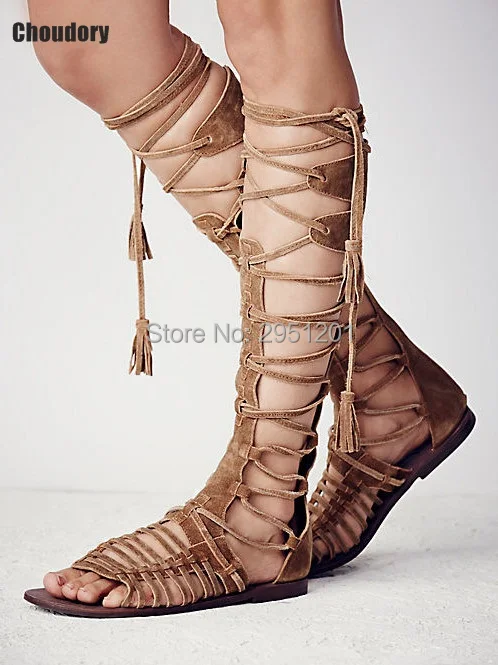 

Open Toe Suede Gladiator Sandals Women Boots Flat Zip Sandalias Mujer Fashion Women Shoes Cross Tie Sandals Knee High Boots