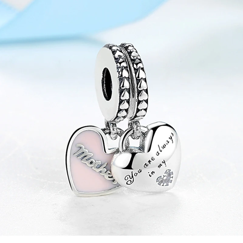 Kaufen Authentische 925 Sterling Silber Bead Mutter   Tochter Herzen Weichen Rosa Emaille Anhänger Charms Fit Pandora Armbänder DIY Schmuck